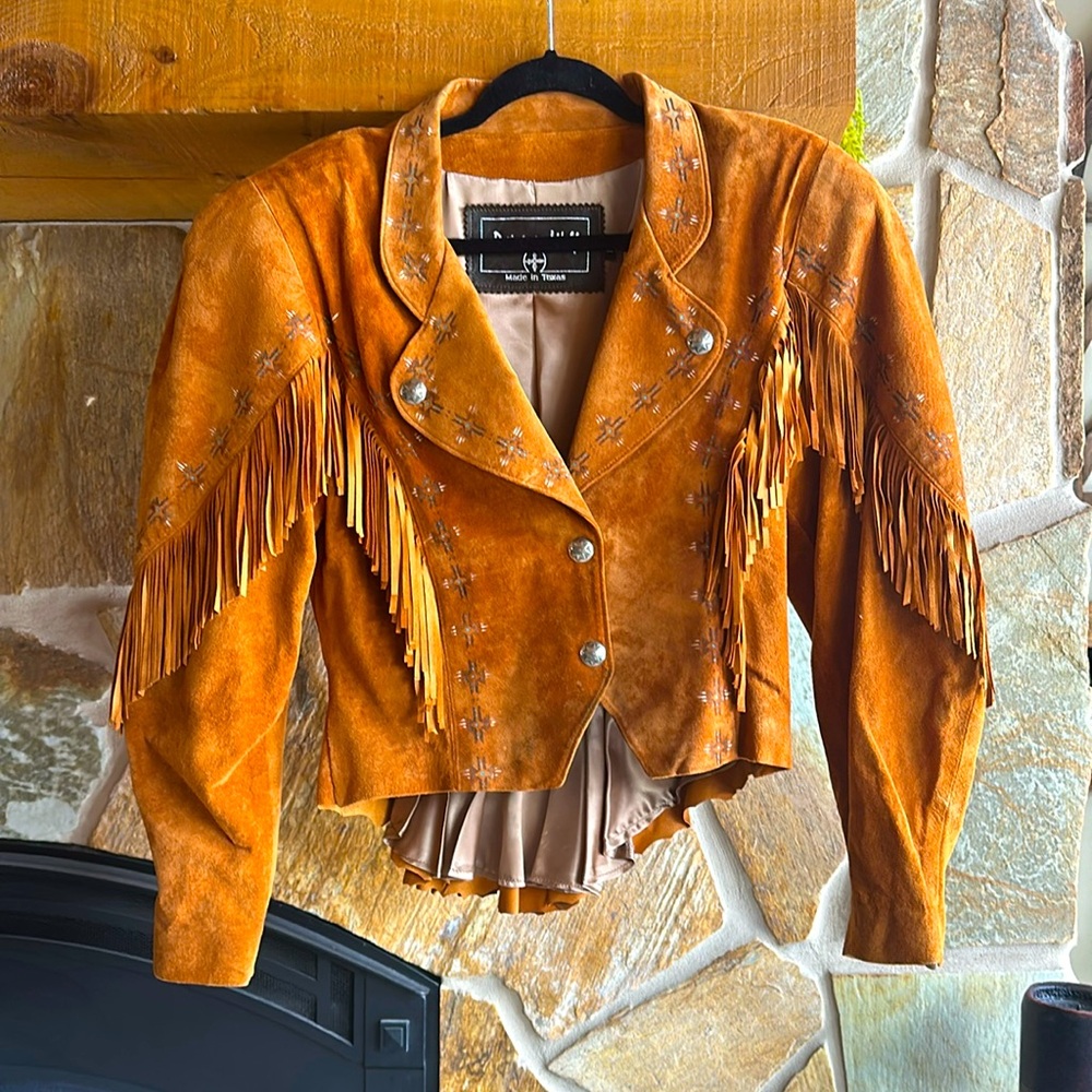 RARE Patricia Wolf painted Suede Jacket - Fringe, silver, turquoise accents